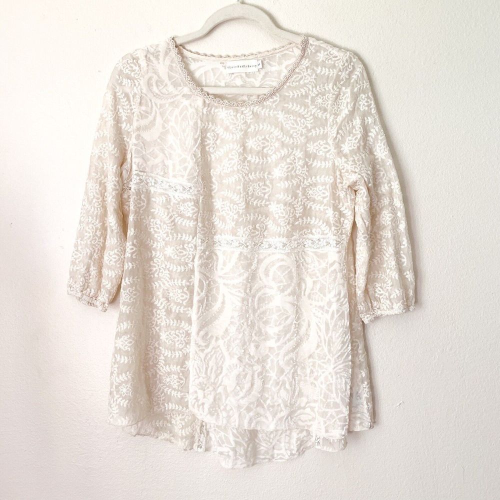 Johnny Was 4 Love & Liberty Sheer Embroidered Cream Top Women's sz S 3/4 sleeves